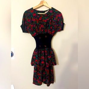 Vintage Pink & Black Floral Dress Tiered Peplum